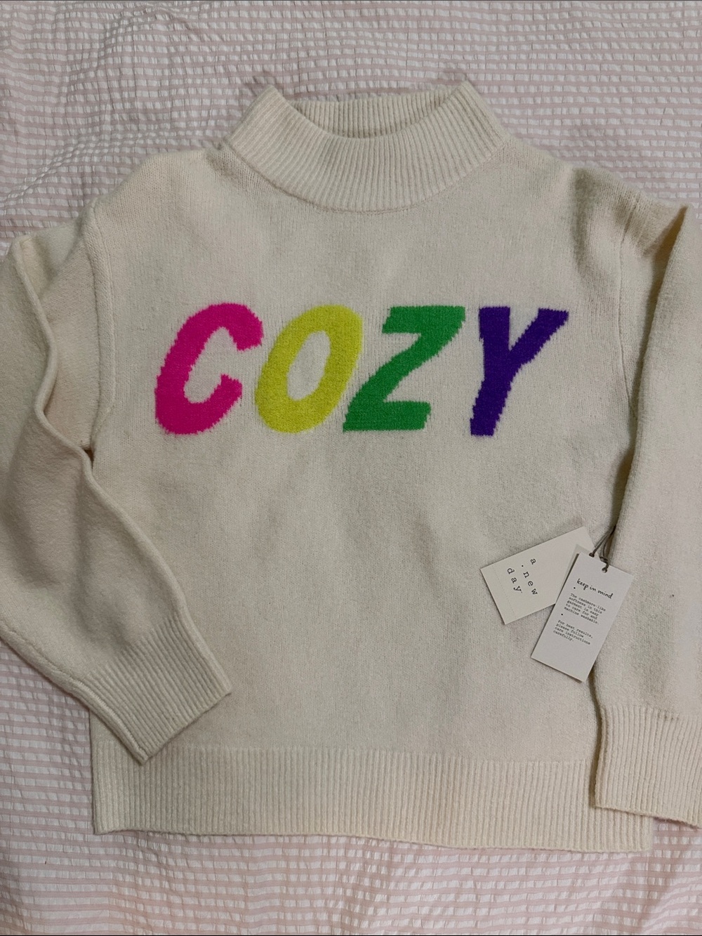 a new day Cream Mock Neck Sweater with Pink, Yellow, Green, Purple 'COZY'